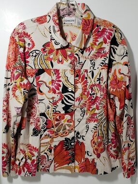 Chico's Multicolor Floral Cotton Sequined Button Long Sleeve Jacket Sz 2 (12-14)